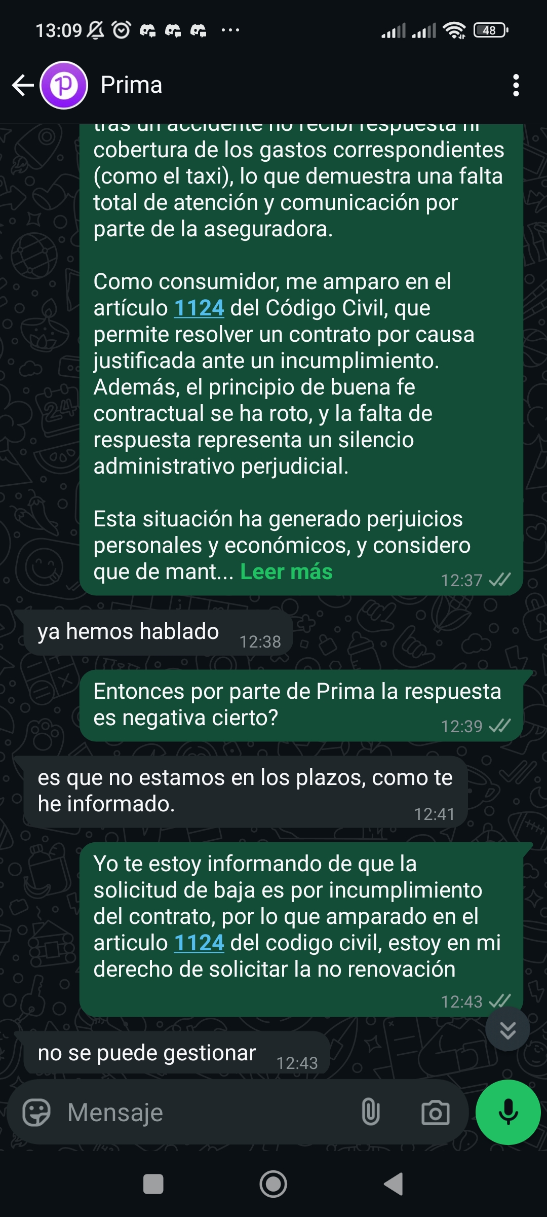 Captura de pantalla con respuestas evasivas
